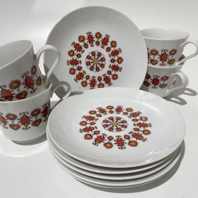 DINNERWARE, 1960s Orange Red Paisley